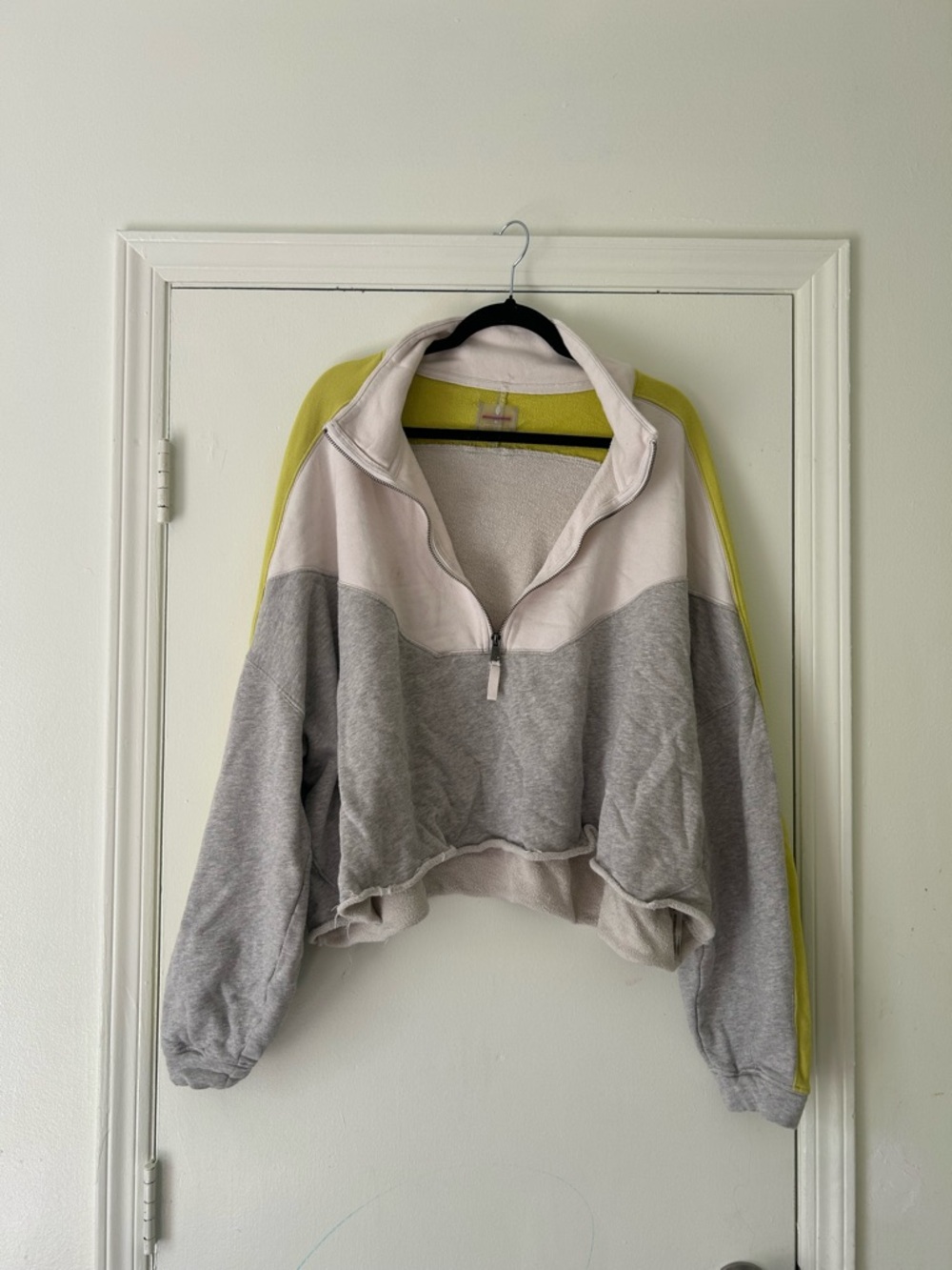 Free People Colorblock Quarter-Zip Pullover in Gray, Cream & Lime